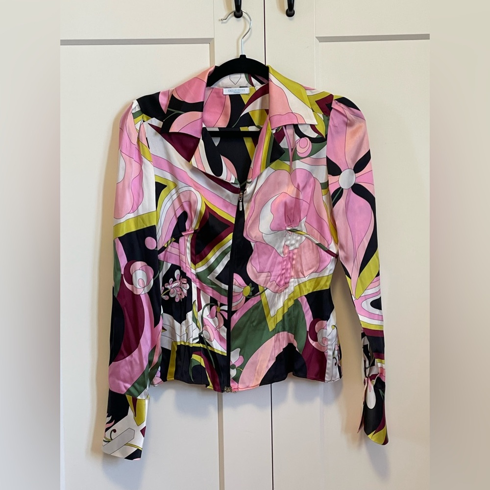Stunning Silk Emilio Pucci Pink, Green, Black and Chartreuse Abstract Blouse.